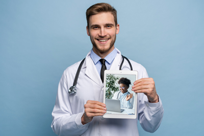 Healthcare provider holding up a tablet with a webinar presenter